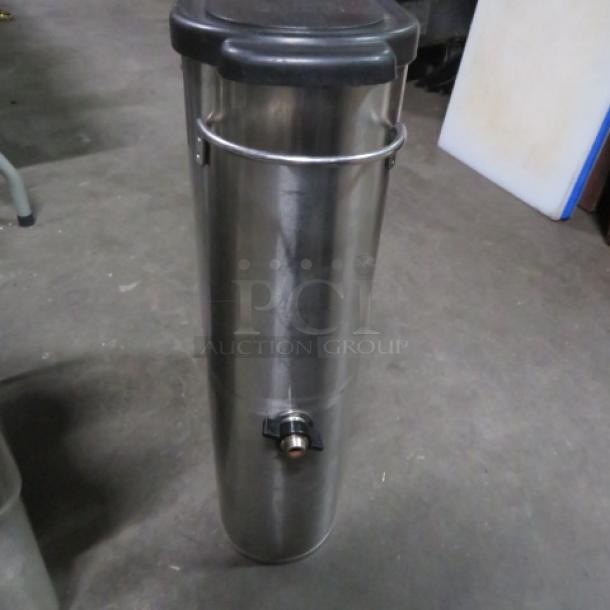 Stainless Steel Slim Jim Tea Satellite with black lid, used condition, features a side-mounted spout for easy dispensing.