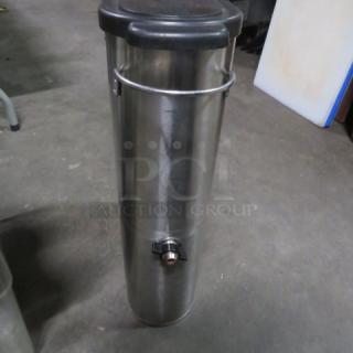 Stainless Steel Slim Jim Tea Satellite with black lid, used condition, features a side-mounted spout for easy dispensing.