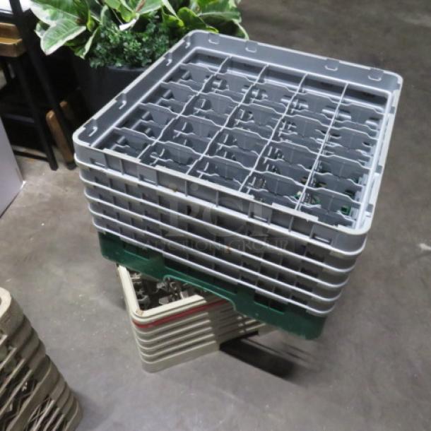 Assorted dishwasher rack stack, gray and green plastic, grid design, used condition, labeled "2XBID."