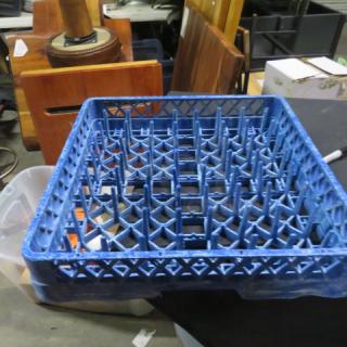 Blue dishwasher rack, model 3XBID, in good condition; sturdy plastic design with multiple slots for dishes.