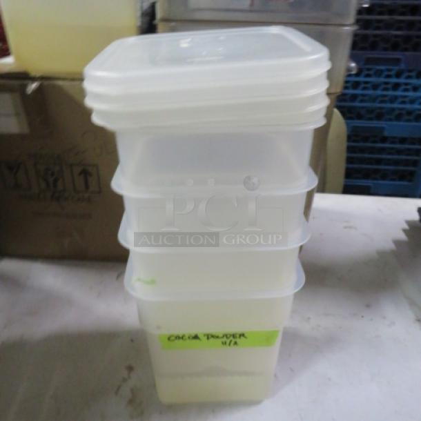 4-quart food storage containers with lids, stackable, translucent plastic. Marked with "Cocoa Powder." Model 4XBID.