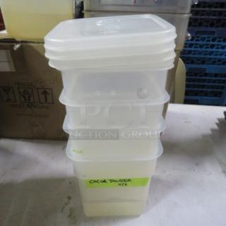 Stacked 4qt food storage containers with lids, labeled "Cocoa Powder 4/2," in used condition.