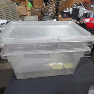4.75-gallon food storage container with lid, clear plastic, durable, stackable design, used condition.