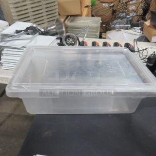 3-gallon clear food storage container with lid, model 5XBID, in clean condition, suitable for kitchen use.