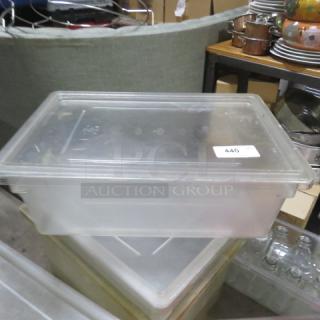 Clear 13-gallon food storage container with lid, in good condition. Visible label reads "440." Ideal for bulk storage.