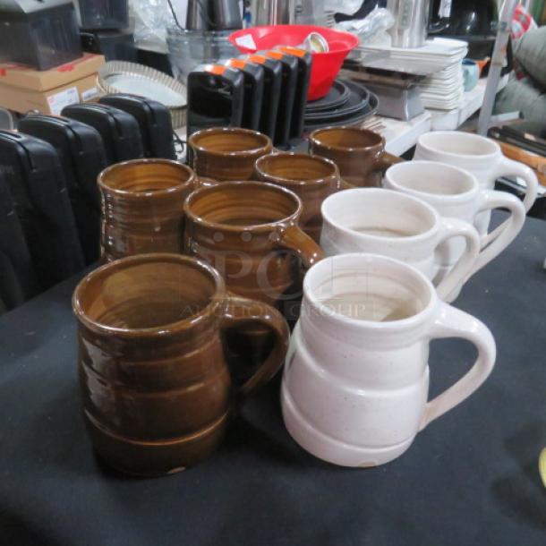 Assorted color coffee mugs, 6 brown and 4 beige, in good condition, displayed on a table, model 10XBID.