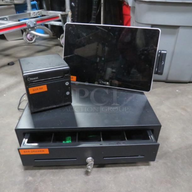 Toast ALL IN ONE POS Terminal with TP200 thermal printer and cash drawer, includes key. Visible wear, bar labels attached.