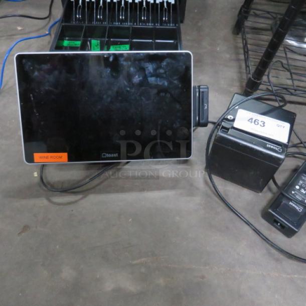 Toast ALL IN ONE POS Terminal and TP200 Thermal Printer, labeled "WINE ROOM" and "463," in good condition.