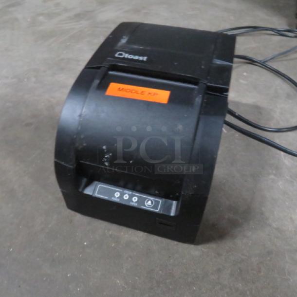 Toast Thermal Printer TXP300, black; visible "MIDDLE KP" label; fair condition, power cord attached.
