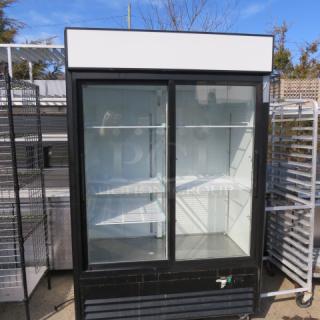 Avantco 2-door glass display cooler, model 178GDS47HCB, with 5 racks, on casters, 115V, 53x30x83.5 inches, excellent condition.