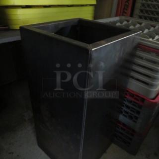 Metal planter, rectangular, 13.5x13.5x29 inches, dark finish, minor wear, for indoor or outdoor use.