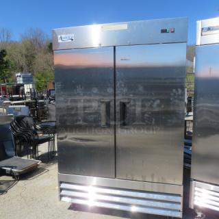 Avantco 2 Door Refrigerator, model 178A49FHC, with 6 racks on casters, 115 volt, stainless steel, 54x32x82.5 inches.