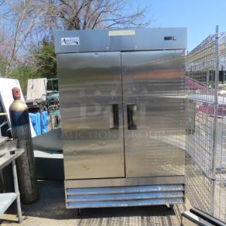 Avantco 2-door refrigerator, model 178A49FHC, in used condition. Features 6 racks, casters, stainless steel finish.