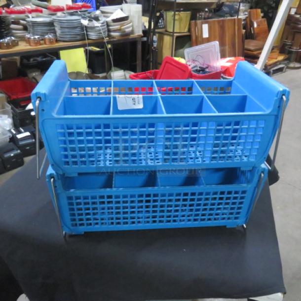 Blue plastic flatware dish rack, stackable design, 2XBID model, used condition, ideal for organizing cutlery.