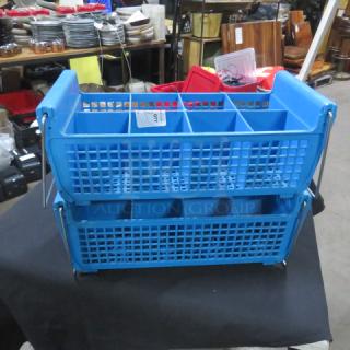 Blue plastic flatware dish rack, stackable design, 2XBID model, used condition, ideal for organizing cutlery.