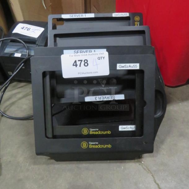 Stack of four IPAD stand holders, model 4XBID, featuring Breadcrumb branding and server labels. Tags indicate item 478 for auction.