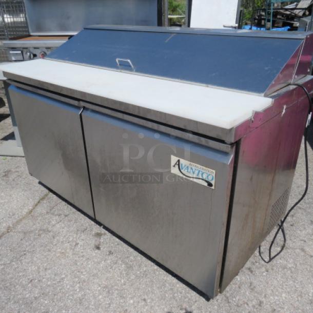 Avantco 2 Door SS Prep Table, Model 178SSPT60HC, with cutting board, casters, 115V; dimensions 60x31x44 inches.