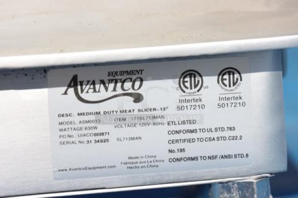 Avantco SL713MAN 13" medium-duty manual meat slicer label, showing model, serial number, certifications, and power specifications.