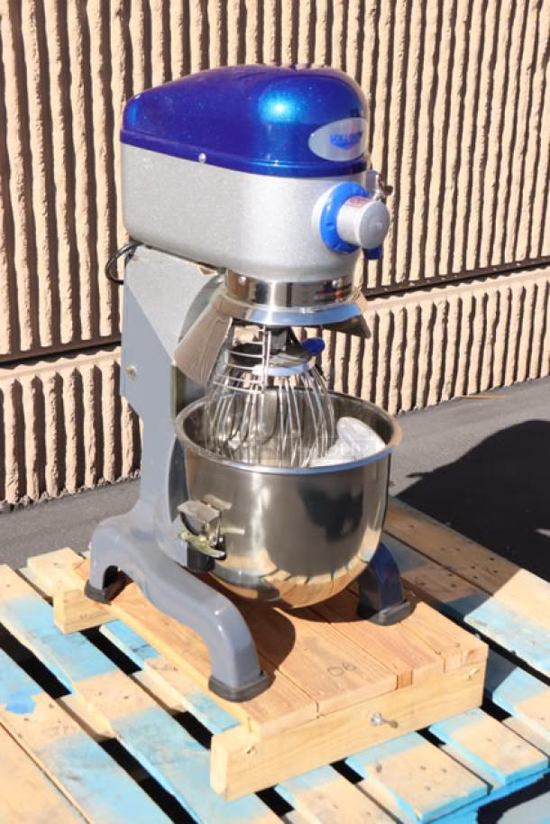 BRAND NEW Vollrath 40757 20 Qt. Planetary Stand Mixer with Guard, stainless steel bowl, on wooden pallet.