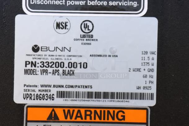 Bunn 33200.0010 VPR-APS Pourover Airpot Coffee Brewer label, 120V, serial number VPR1060346, NSF and UL listed.