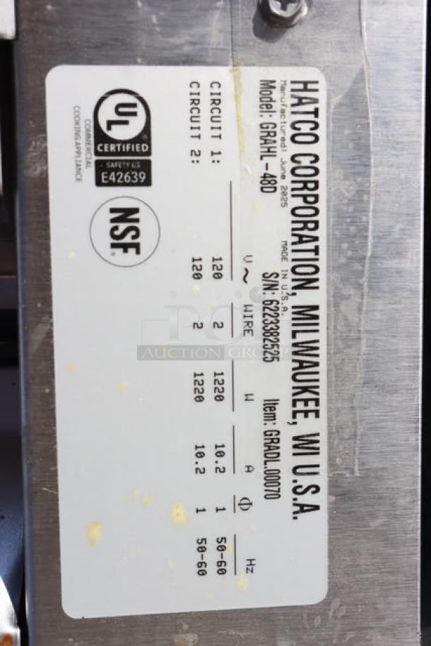 BRAND NEW Hatco GRAHL-48D dual high wattage infrared warmer. Features 48" aluminum build, 6" spacer, toggle controls. Model label visible.