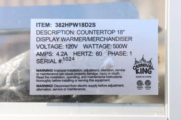 Carnival King HPW-18D2S 18" Full Service Warmer/Merchandiser, 120V, 500W, S/N: 1024, brand new scratch-n-dent condition.