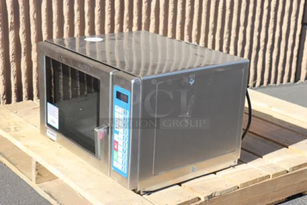 Solwave Ameri-Series SWA12T medium-duty stainless steel commercial microwave, 1,200W, new-unboxed, minor dent, push button controls.