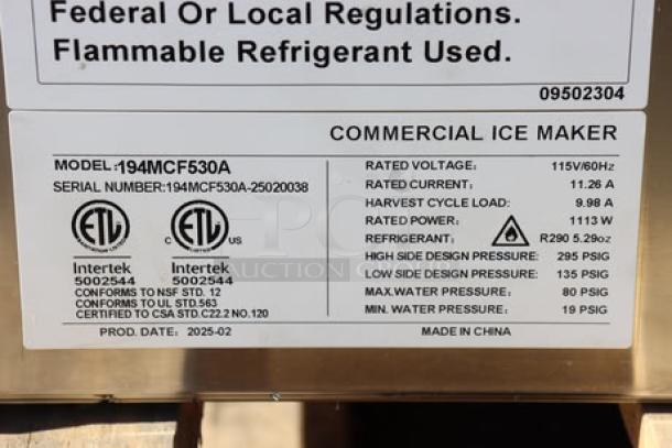 Avantco Ice MC-F-530-A full cube ice machine label, 497 lb capacity, 115V, 13.5A, new condition, serial 194MCF530A-25020038.