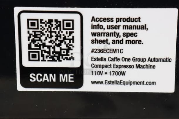 Brand new Estella Caffe ECEM1C espresso machine label, showing QR code and model details, 110V, 1700W.