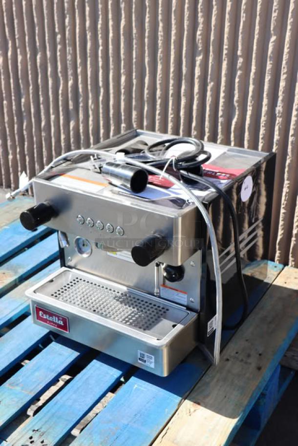 Brand new Estella Caffe ECEM1C espresso machine, compact, automatic, stainless steel, minor scratches, 110V.