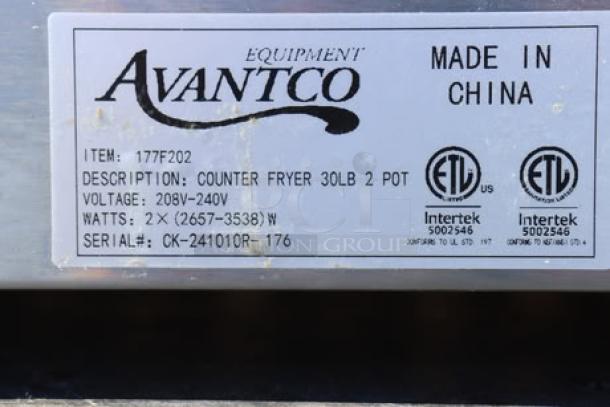 Avantco F202 electric fryer label showing model, voltage, wattage, and serial number. Marked "Made in China".