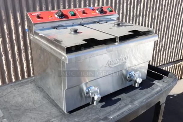 Avantco F202 dual tank electric countertop fryer, stainless steel, 30 lb capacity, brand new scratch-n-dent, model and controls visible.