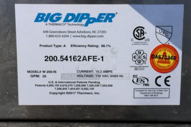 Thermaco Big Dipper W-200-IS grease trap with labels. Brand new with scratches and dents. Efficiency rating 98.1%. 115V.