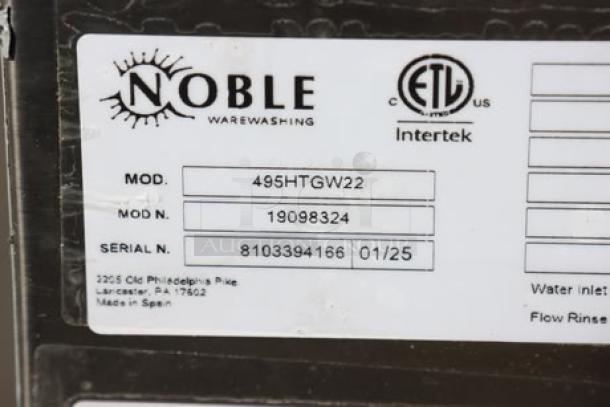 Brand new Noble Warewashing HTGW high-temp underbar glass washer label, showing model and serial numbers: 495HTGW22, 8103394166.