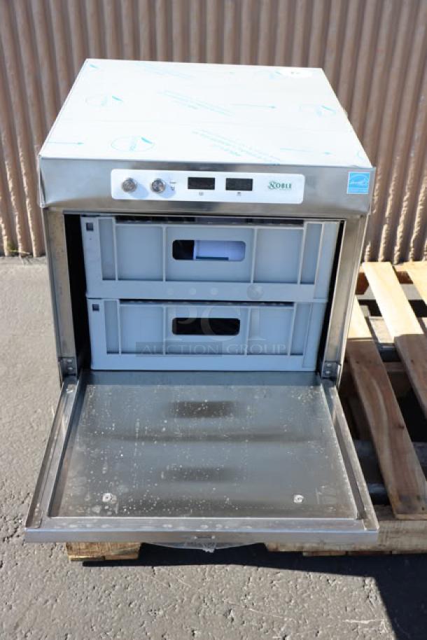 Brand new Noble Warewashing HTGW underbar glass washer, 208V/240V, high-temp, model HTGW, S/N: 8103394166, open door view.