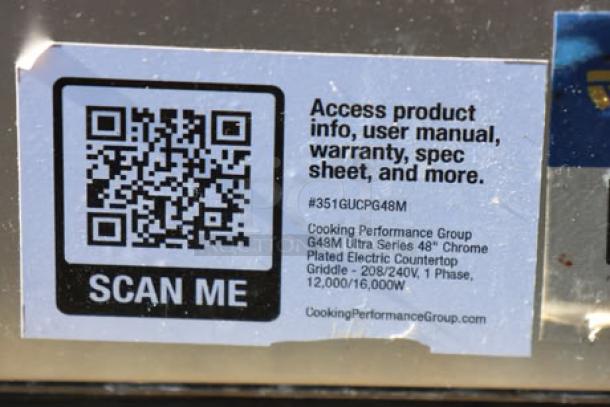 BRAND NEW Cooking Performance Group GU-CPG-48-M 48" electric griddle. Minor scratches, missing power cord. Tags show model info.