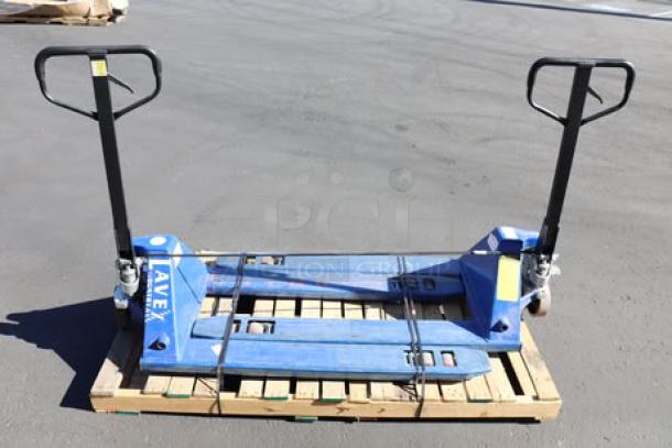 Two blue Lavex 27"x48" manual pallet jacks, 6600 lb capacity each, shown secured on a pallet. Brand visible on the frame.