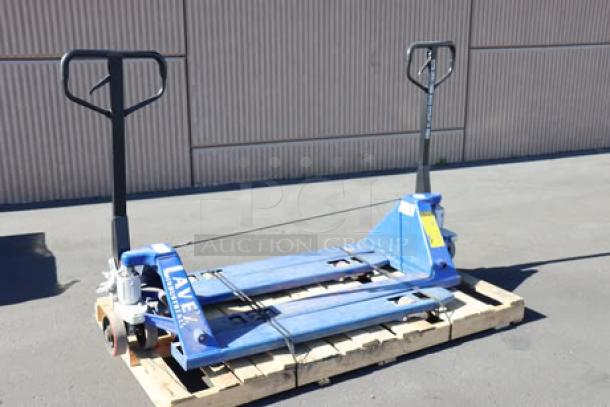 Two Lavex 27" x 48" manual pallet jacks, 6600 lb. capacity, blue, displayed on a wooden pallet, branded on forks.