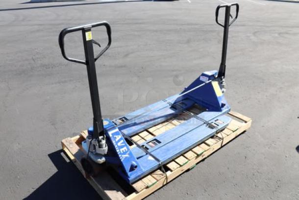 Lavex manual pallet jacks, 27" x 48", blue, 6600 lb. capacity, set of two, with handles and branding visible.