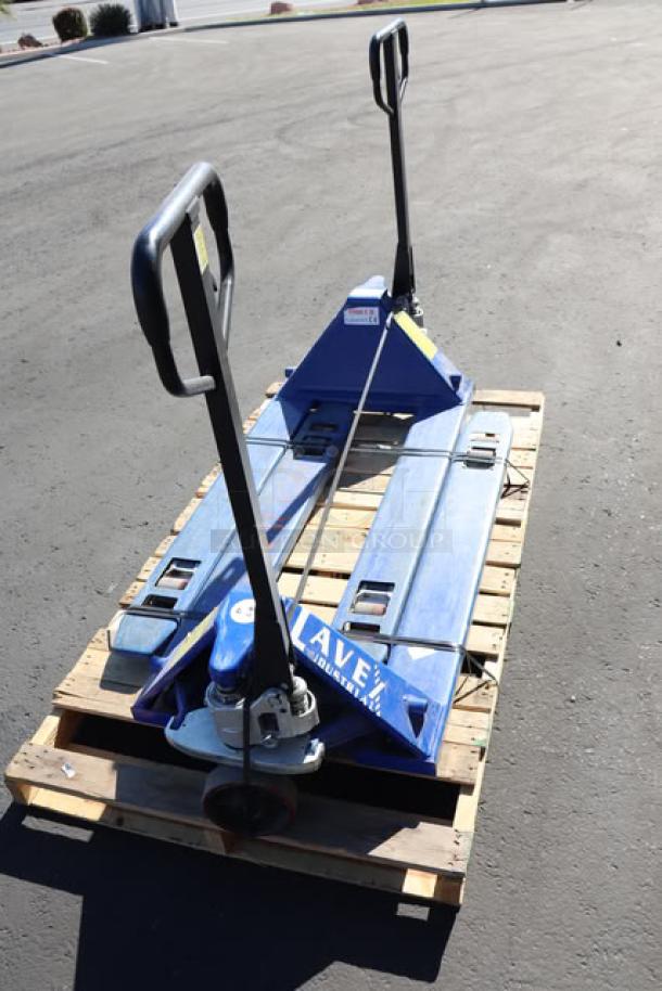 Lavex 27"x48" Manual Pallet Jacks, 6600 lb. capacity, blue, two included, sturdy handles, excellent condition.