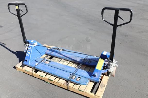 Two Lavex 27" x 48" manual pallet jacks, blue, 6600 lb. capacity, on a wooden pallet.