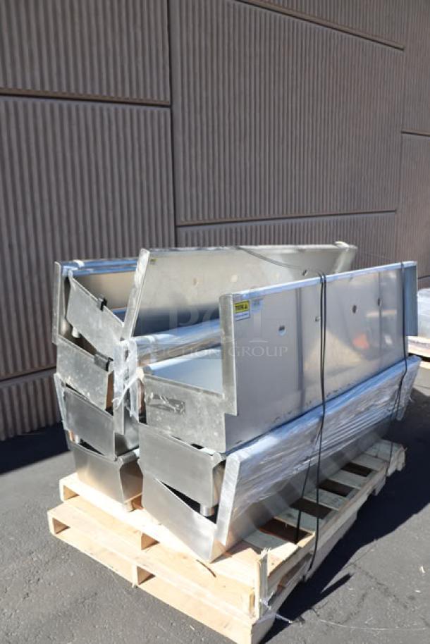 Regency 600HSMS1848 hand sinks on pallet, 48"x17.5", for two 8" faucets. Missing wall hardware, possible scratches/dents.