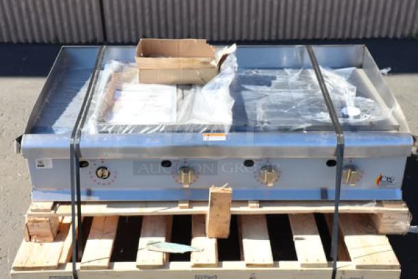 BRAND NEW-OUT OF BOX! Cooking Performance Group GT-CPG-48-NL 48" gas griddle. Bent corners, missing one knob, 120,000 BTU.