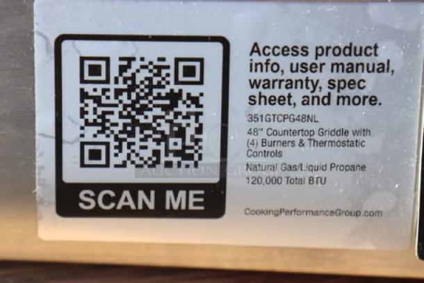 QR code and label on Cooking Performance Group griddle. Shows model GT-CPG-48-NL details and scanning instructions.