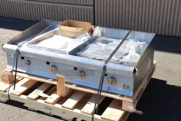 BRAND NEW Cooking Performance Group GT-CPG-48-NL gas griddle, 48", 120,000 BTU, bent front corners, missing one knob, flame failure protection, thermostatic controls.