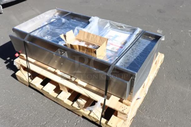 BRAND NEW Cooking Performance Group GT-CPG-48-NL 48" Gas Griddle, bent front corners, missing knob, on pallet, 120,000 BTU.