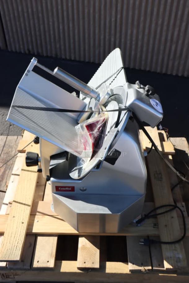 Brand new Estella SLA13 13" heavy-duty automatic meat slicer, 3/4 hp, 120V, with manual option, scratch-n-dent condition.