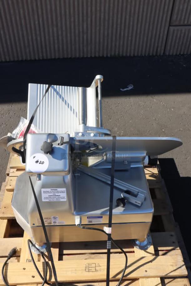 Brand new Estella SLA13 13" meat slicer, heavy-duty, automatic/manual, 3/4 hp, 120V, scratch-n-dent, S/N: 20BEJA0657.