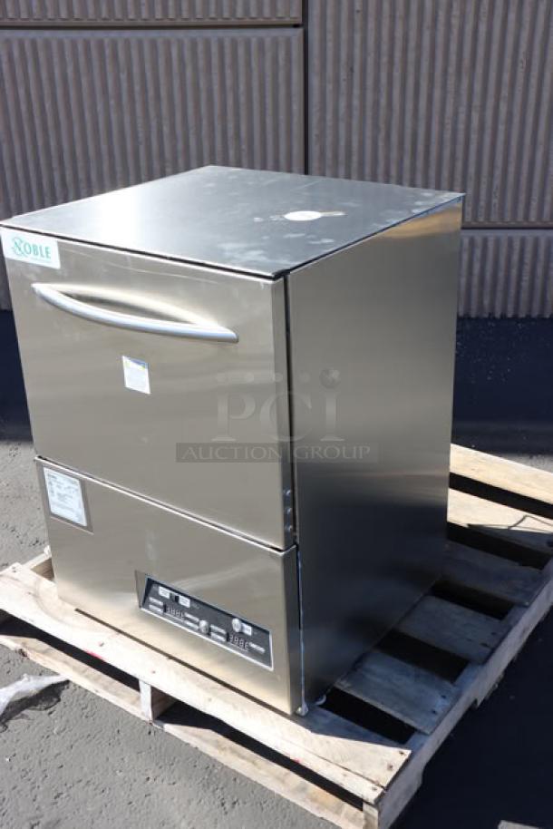 Noble Warewashing UH30-FND high-temp undercounter dishwasher, stainless steel, 208/230V, visible labels and serial number 25A426908.