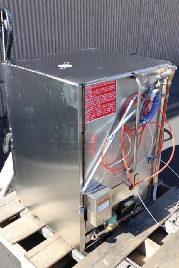 Noble Warewashing UH30-FND high-temp undercounter dishwasher, 208/230V, stainless steel, visible wiring, red operation label.